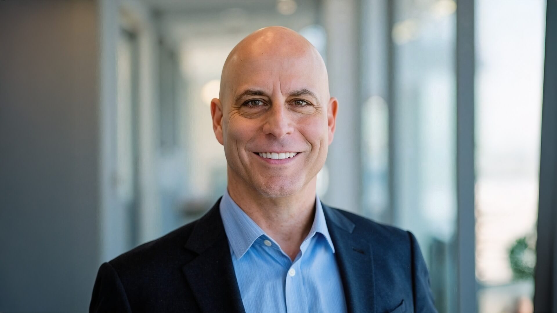 Smiling bald businessman headshot in office